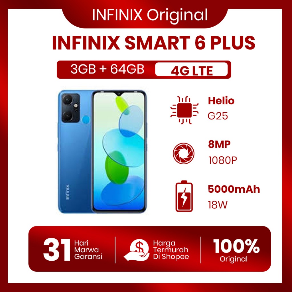 INFINIX SMART 6 PLUS 3/64 GB FULLSET SECOND ORIGINAL BERGARANSI 100% UANG KEMBALI