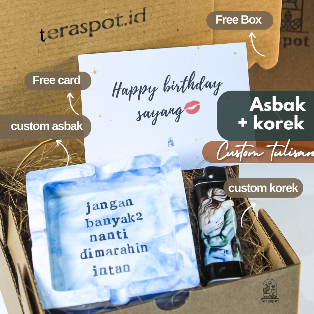 Asbak & Korek Custom Tulisan dan Foto / Gambar Free Box dan Custom Card - Hadiah / Gift Birthday