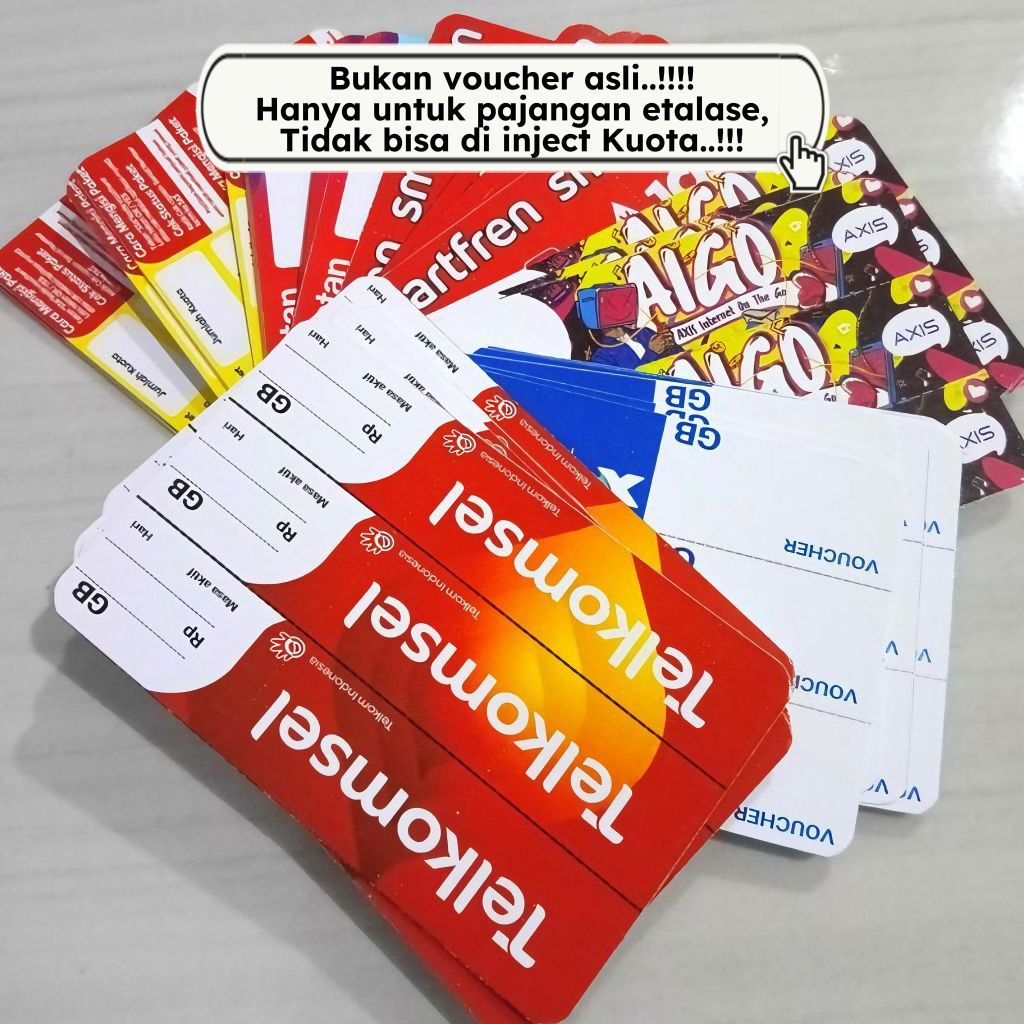 

( 10 pcs ) PAJANGAN ETALASE model voucher TELKOMSEL, INDOSAT, XL, TRI, SMARTFREN, AXIS, B.YU Bahan art carton 260 anti pudar