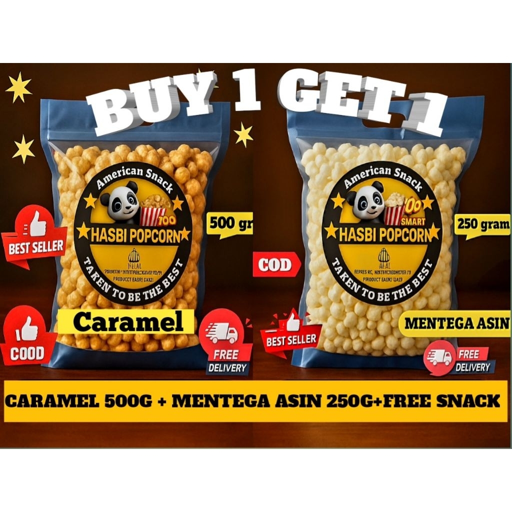 

[ free aneka kue kering ]BUY 1 GET 1popcorn caramel 500g+popcorn butter 250gr+free kue kering /hasbi snack caramel sea salt crispy