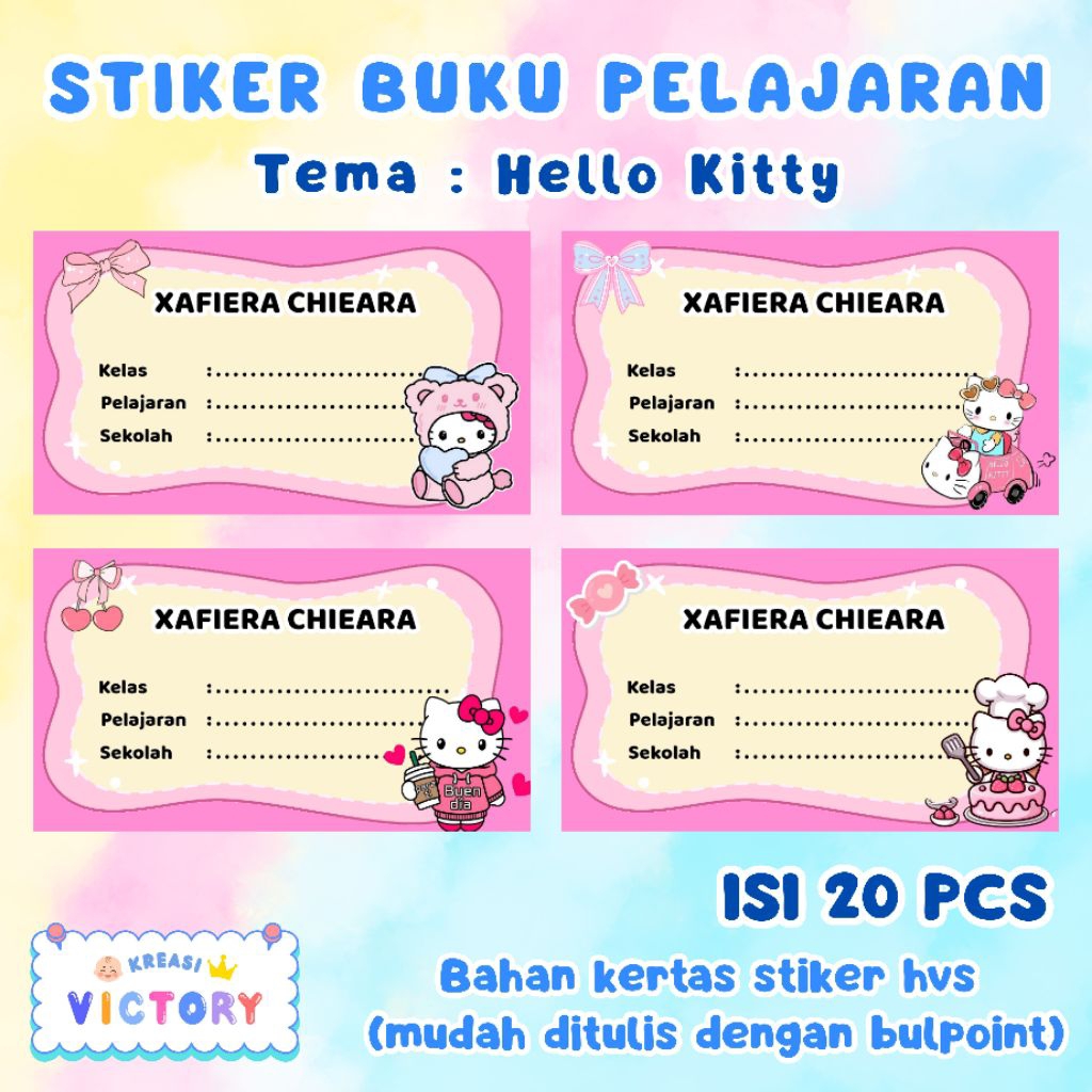 Stiker Label Buku Anak Tema Hello Kitty/Custom Nama/Stiker Label Buku Tulis/Stiker Label Buku Belaja