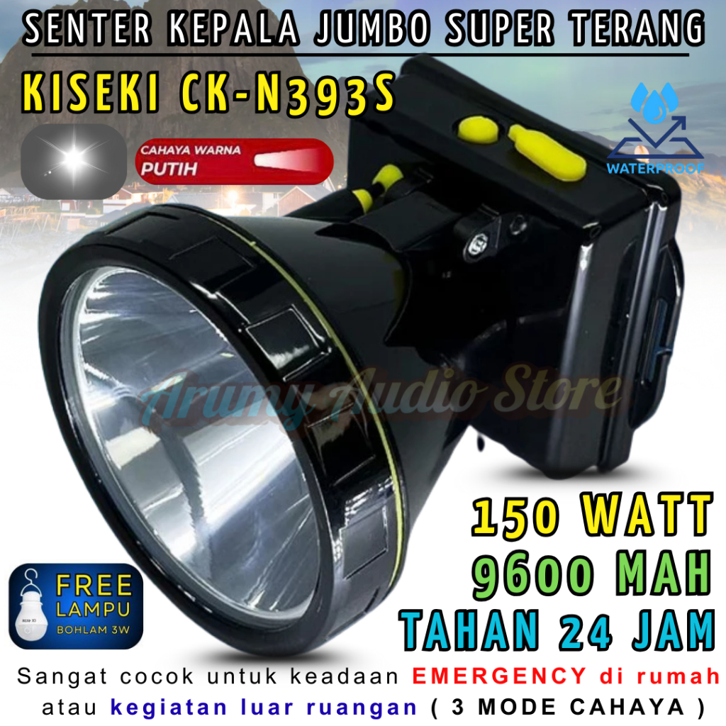Senter Kepala Led150 Watt / 150 Watt Super Terang Kiseki Ck-N393s | Senter Kepala Bonus Lampu Bohlam
