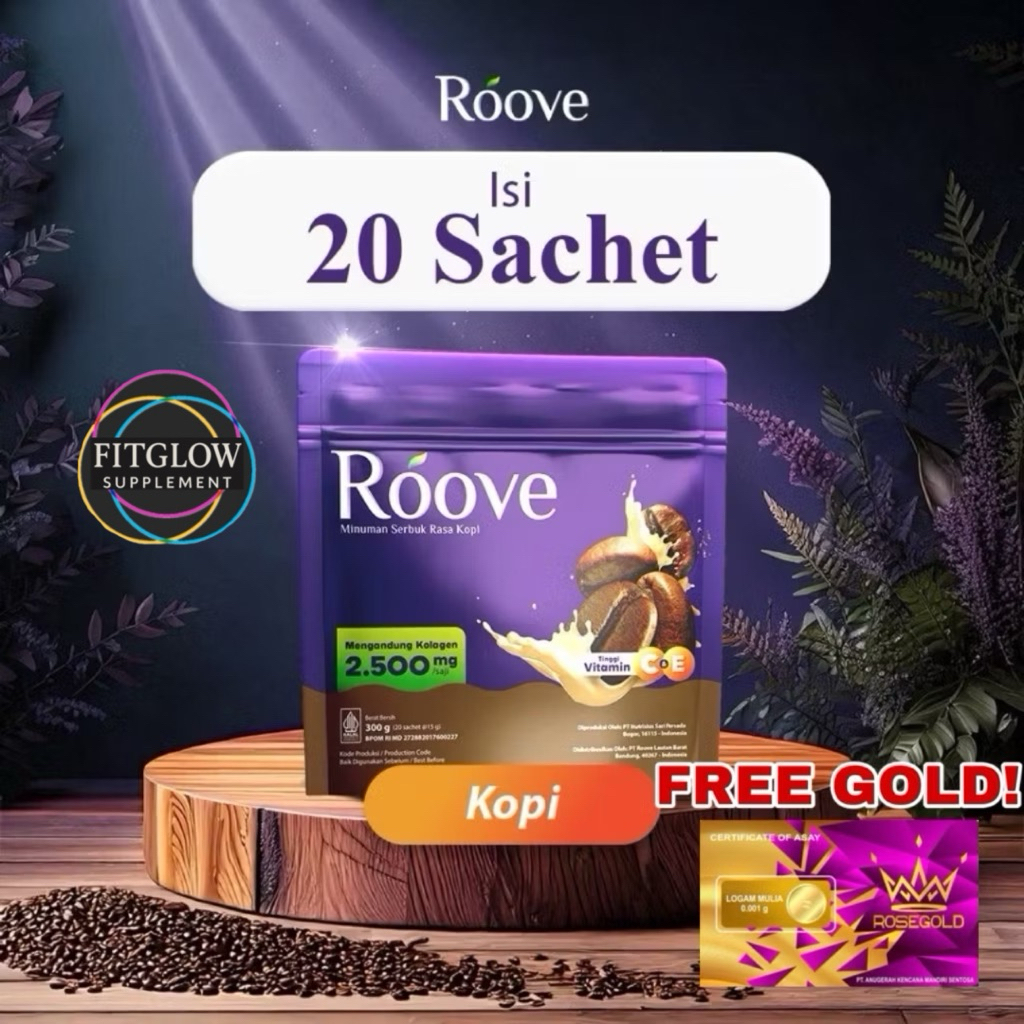 

[BONUS MINI GOLD!] ROOVE Collagen Coffee 1 POUCH Isi 20 Sachet Original Minuman Kolagen Serbuk Asli Rasa Blueberry Roove Strawberry Kopi Kurma HALAL BPOM Mencerahkan Kulit