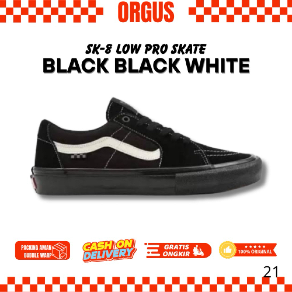 SEPATU VANS SK8-LOW PRO SKATE BLACK BLACK WHITE UNISEX - GARANSI 100% ORGINAL - FREE PAPERBAG