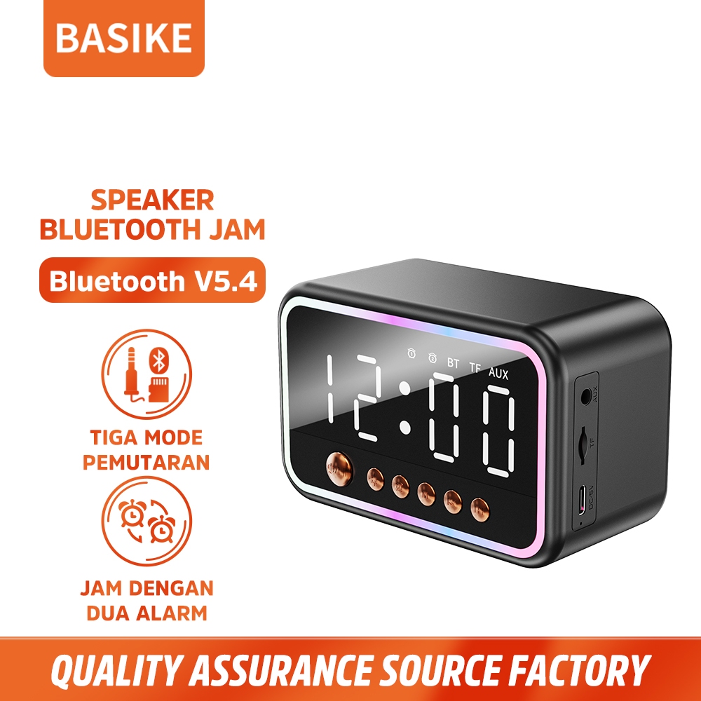 BASIKE Speaker Bluetooth 5.4 Jam Alarm Bass Berat LED RGB with AUX TF Card Jack Multifungsi Portable