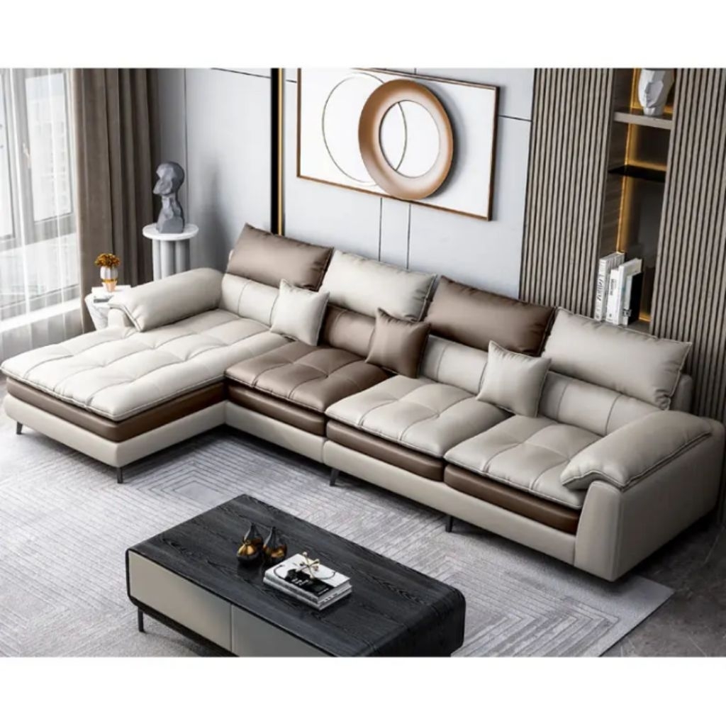 sofa L sudut modern kulit premium coklat -cream sangat elegant untuk ruang tamu modern