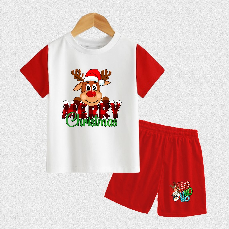 Setelan Kaos Lengan Pendek Anak Cowok Cewek Baju Anak Laki-Laki Usia 2-9Tahun Karakter Natal Rusa Sa