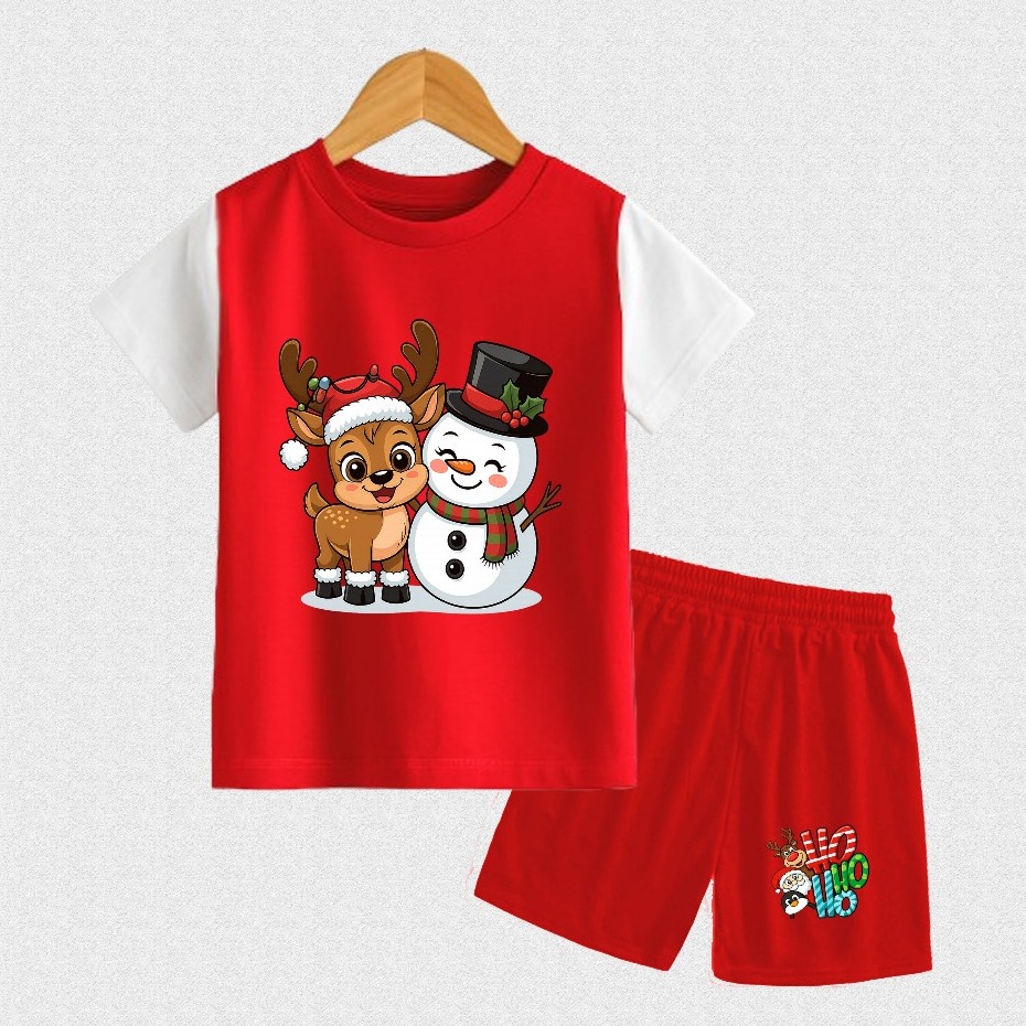 Setelan Kaos Lengan Pendek Anak Cowok Cewek Baju Anak Laki-Laki Usia 2-9Tahun Karakter Natal Rusa Sa