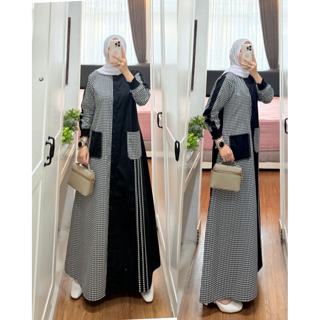 Indah Fashion - Gamis Semut By Syaina Dress Terbaru Motif Kotak Salur Katun Kekinian Terbaru Premium