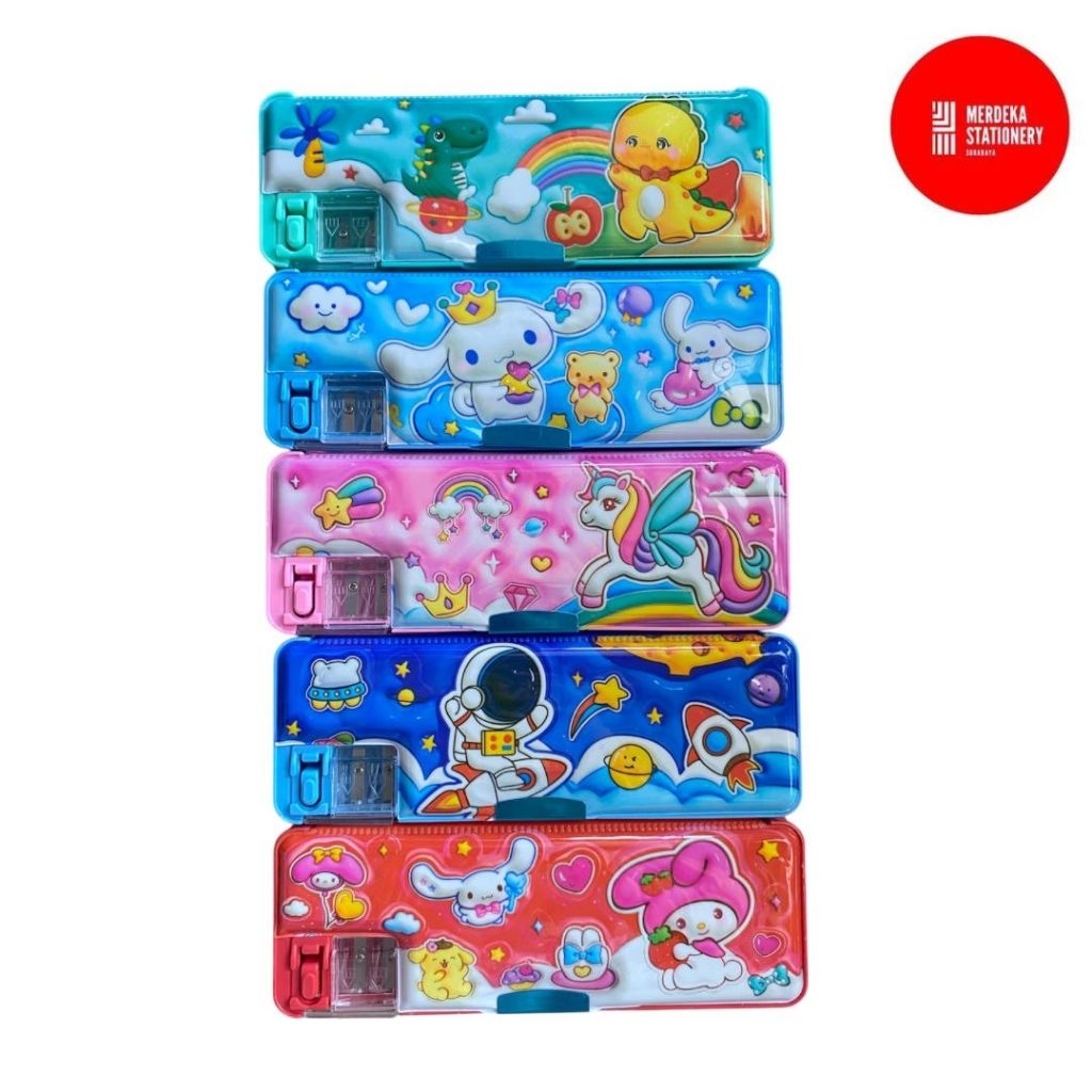 

Pencil Case/Tempat/Tepak/Kotak Pensil Magnet + Rautan Plastik Murah Kartun My Melody/Astronot/Unicorn/Dinosaurus CNX-825