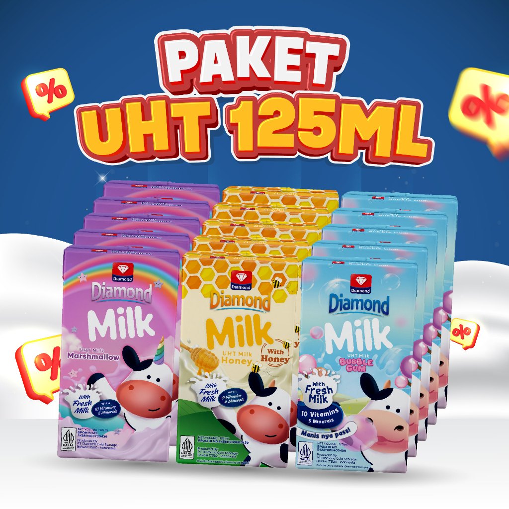 

PROMO 15 PCS DIAMOND MILK 125 ML MIX VARIANT (5 PCS HONEY,5 PCS MARSHMALLOW,5 PCS BUBBLE GUM)
