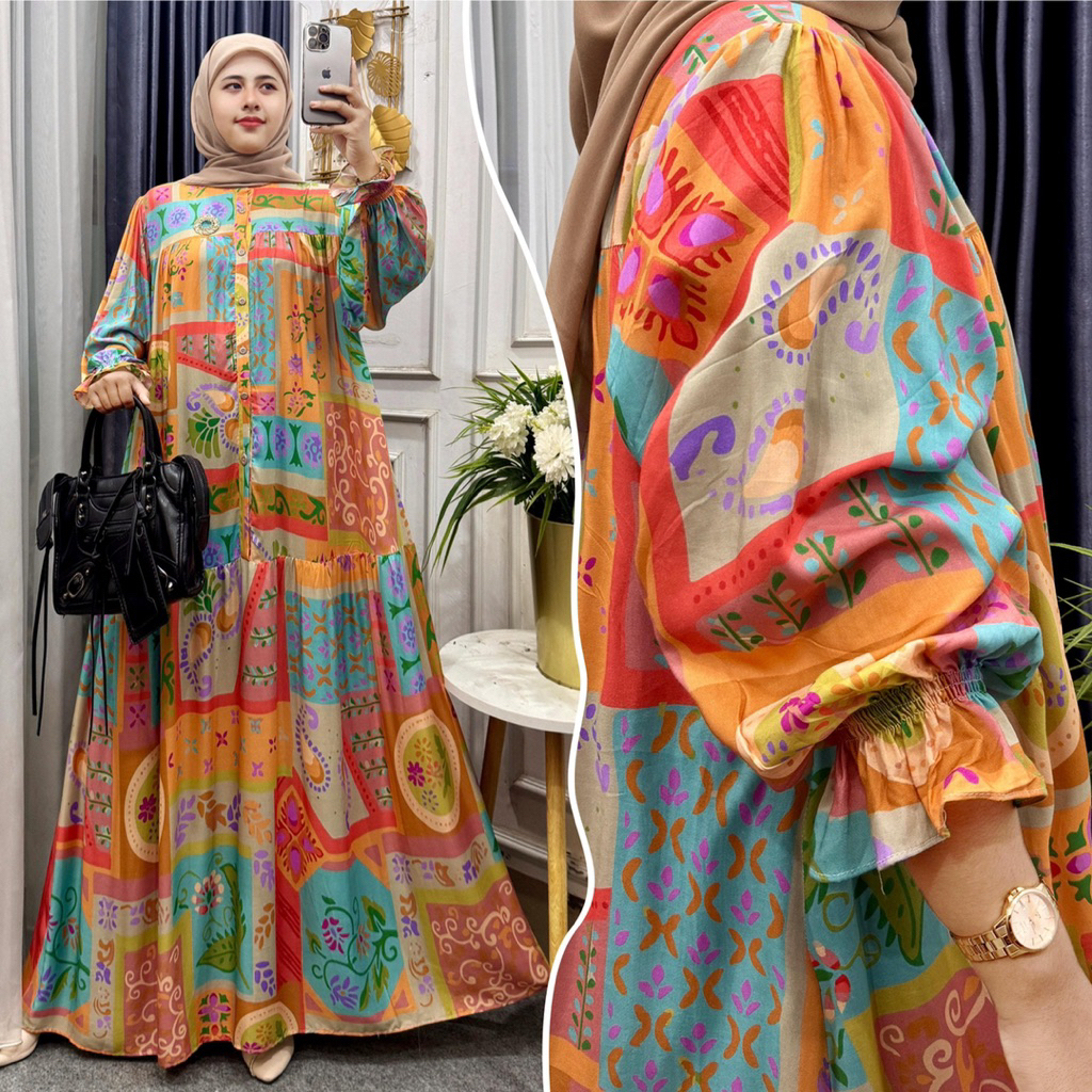 gamis rayon jumbo bigsize xxxl ld 130 maxy dress lebar ngeklok lengan balon