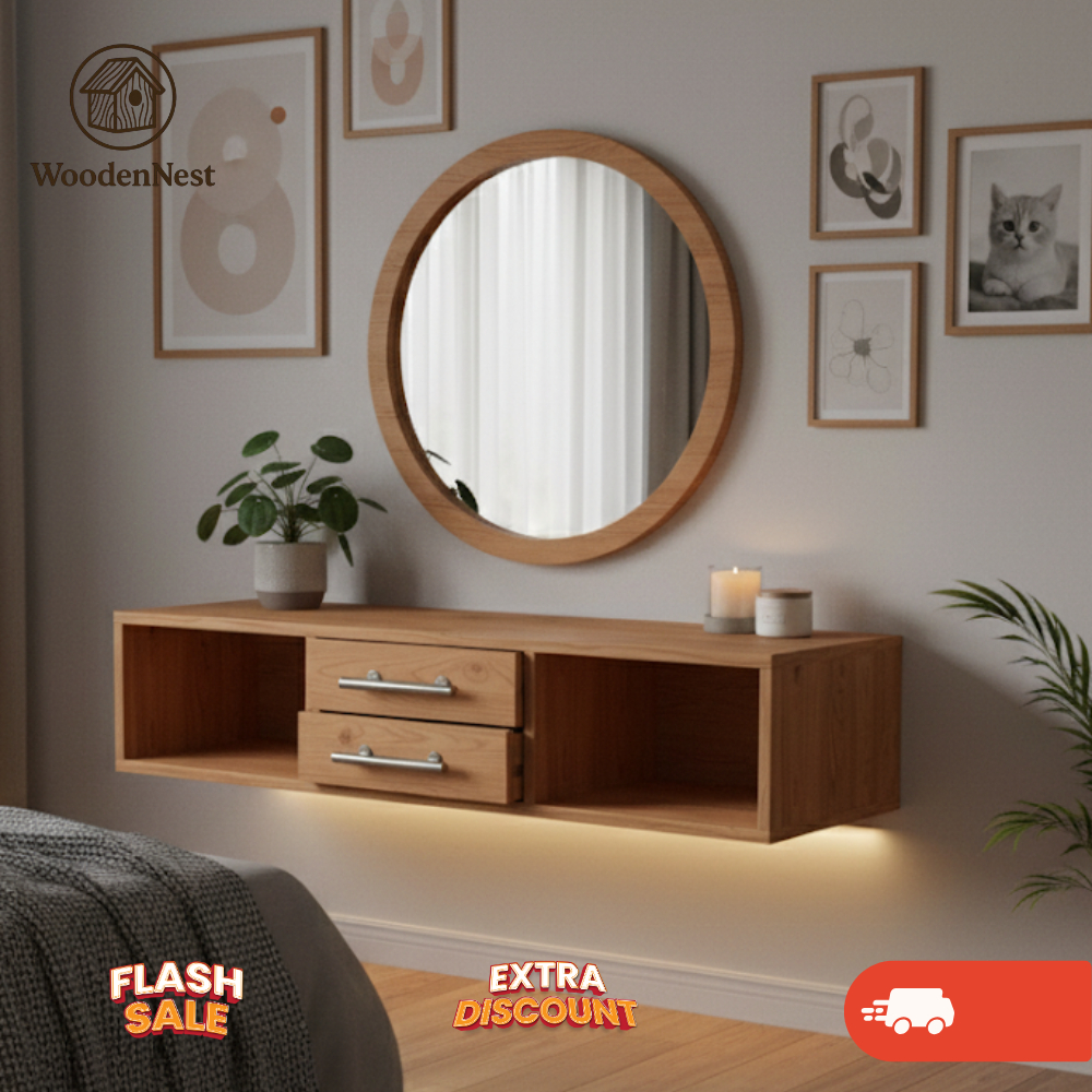 Meja Rias Gantung JATI "AURORA" / Nakas TV Minimalis / Meja Konsol Dinding LED / Floating Vanity Sol