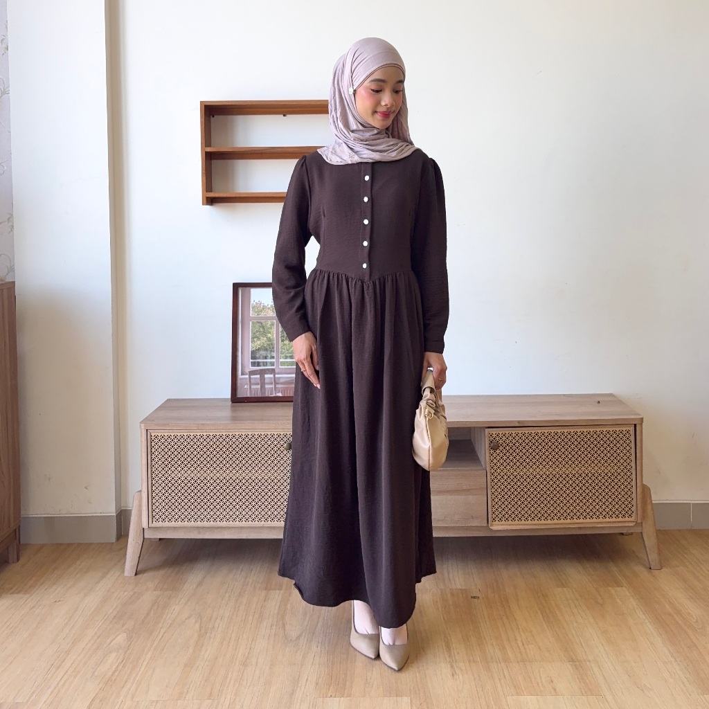Flowear Viola Dress Wanita Vintage - Gamis Remaja Kekinian Bahan Crinkle Airflow Premium Warna Earth