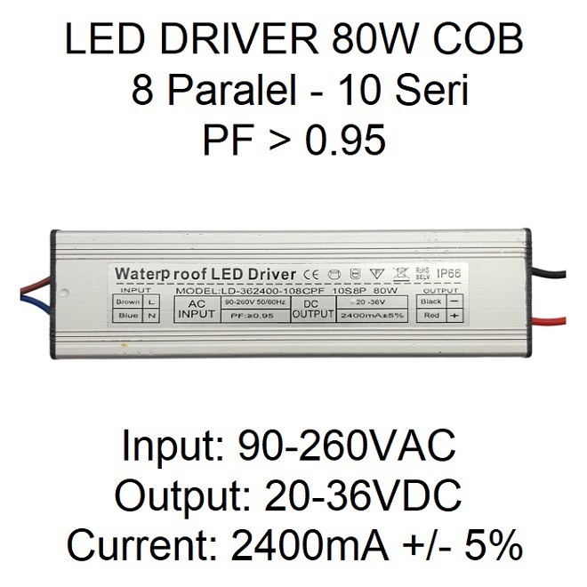 Led Driver 80W 2400mA 10S8P DC20-36V WP PF 0.95