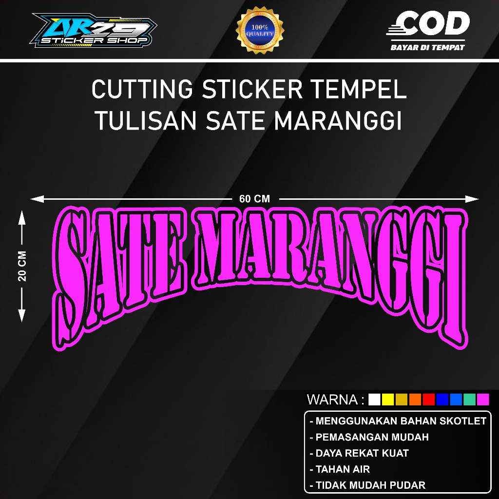

stiker cutting tulisan untuk kaca grobak jualan, stiker tulisan sate maranggi ukuran 60 cm x 20