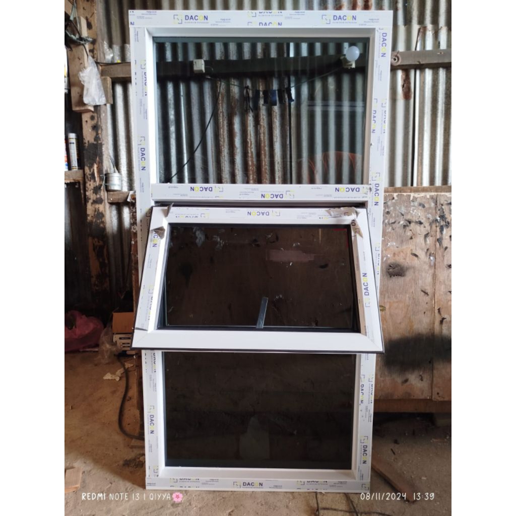 kusen jendela aluminium UK 140x60/150x60/170x60 atas bawah kaca mati, tengah bisa buka tutup. bisa c