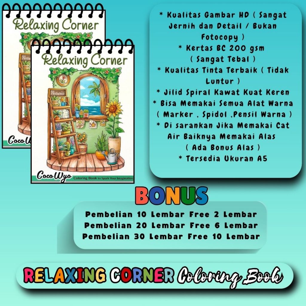 

Relaxing Corner To Spark Your Imagination Coloring Book Buku Mewarnai Untuk Anak SD Remaja Dewasa Gambar Jernih Jelas HD Kertas 200 gsm Sangat Tebal