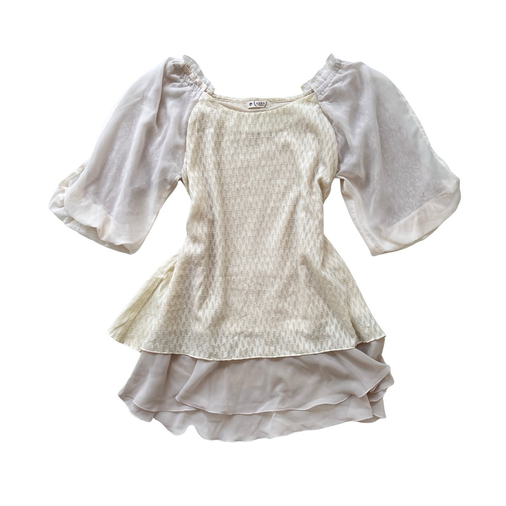 Axes Femme cottagecore ivory textured blouse tunic ˖˚⊹ 3/4 sleeve layered lace renda brukat kawaii v