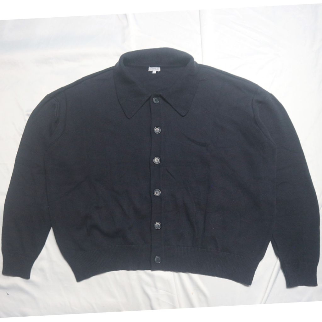 ANOBLIR Crop Collar Oversized Cardigan Full Kancing Navy Kerah Korean Knitwear Sweater Sweatshirt Cr