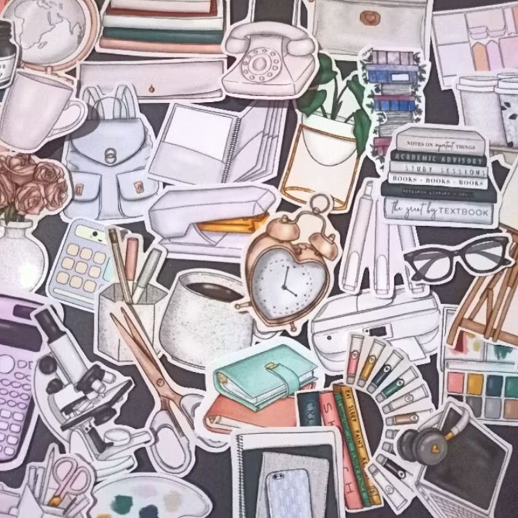 

[50 / 45 BIJI] STIKER MOTIF ALAT TULIS + BOX ESTETIK | AESTHETIC STICKER LEARNING MODE / ALAT TULIS | SUDAH CUTTING | GLOSSY | JOURNALING | SCRAPBOOK | LUCU | MENARIK / STIKER BUKU