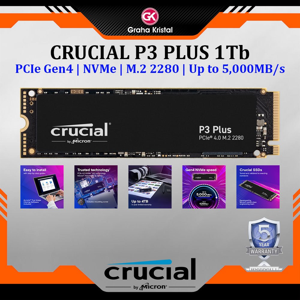 SSD CRUCIAL P3 PLUS 1Tb PCIe Gen4 NVMe M.2 2280 Up to 5000MB/s Garansi 5 Tahun