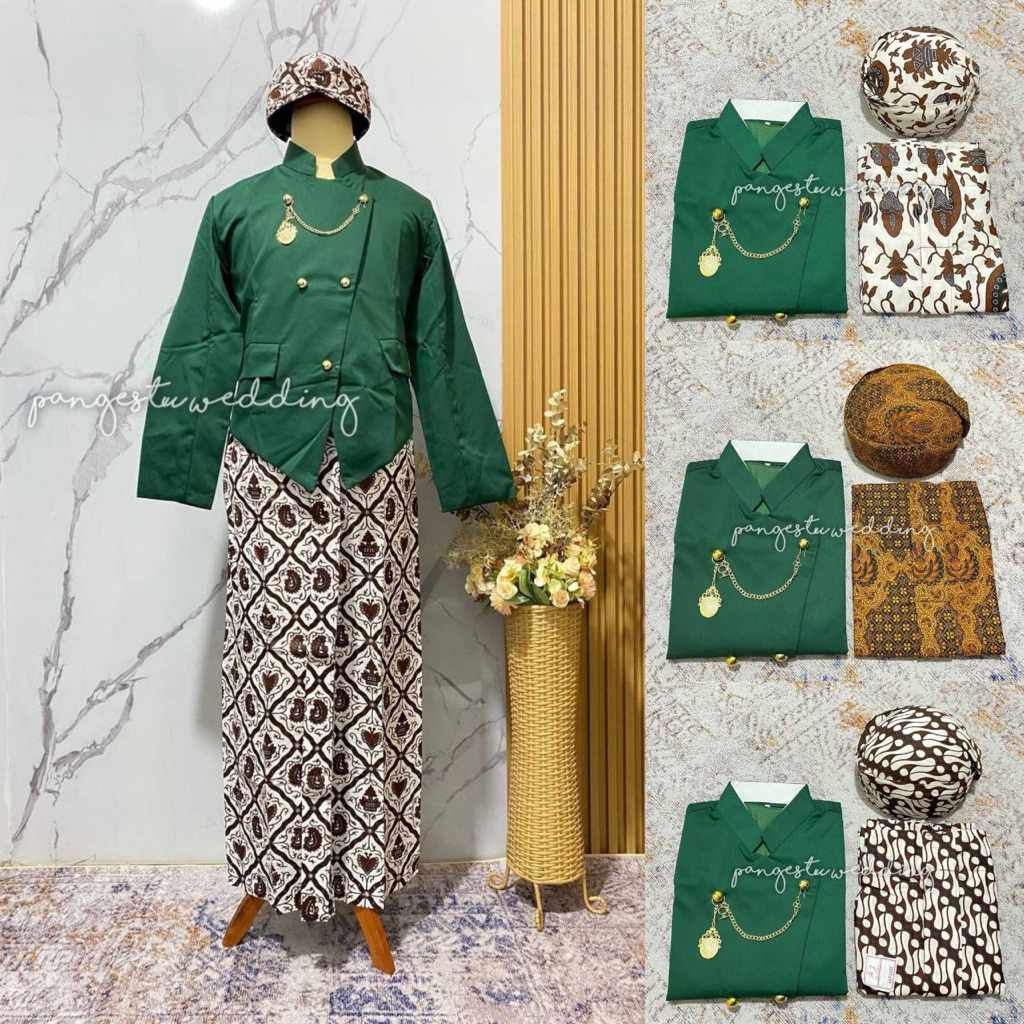 [SB8HJ] Set Pakaian Adat Jawa - Beskap Solo Hijau Botol +Jarik Instan + Blangkon Solo