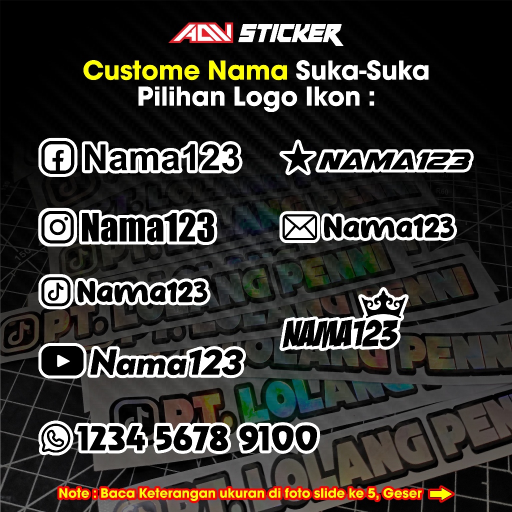 

Sticker Custome Nama Keren | Ganti Jadi Nama Kamu | Cutting Sticker | 3 Ukuran | 14 Warna | 04