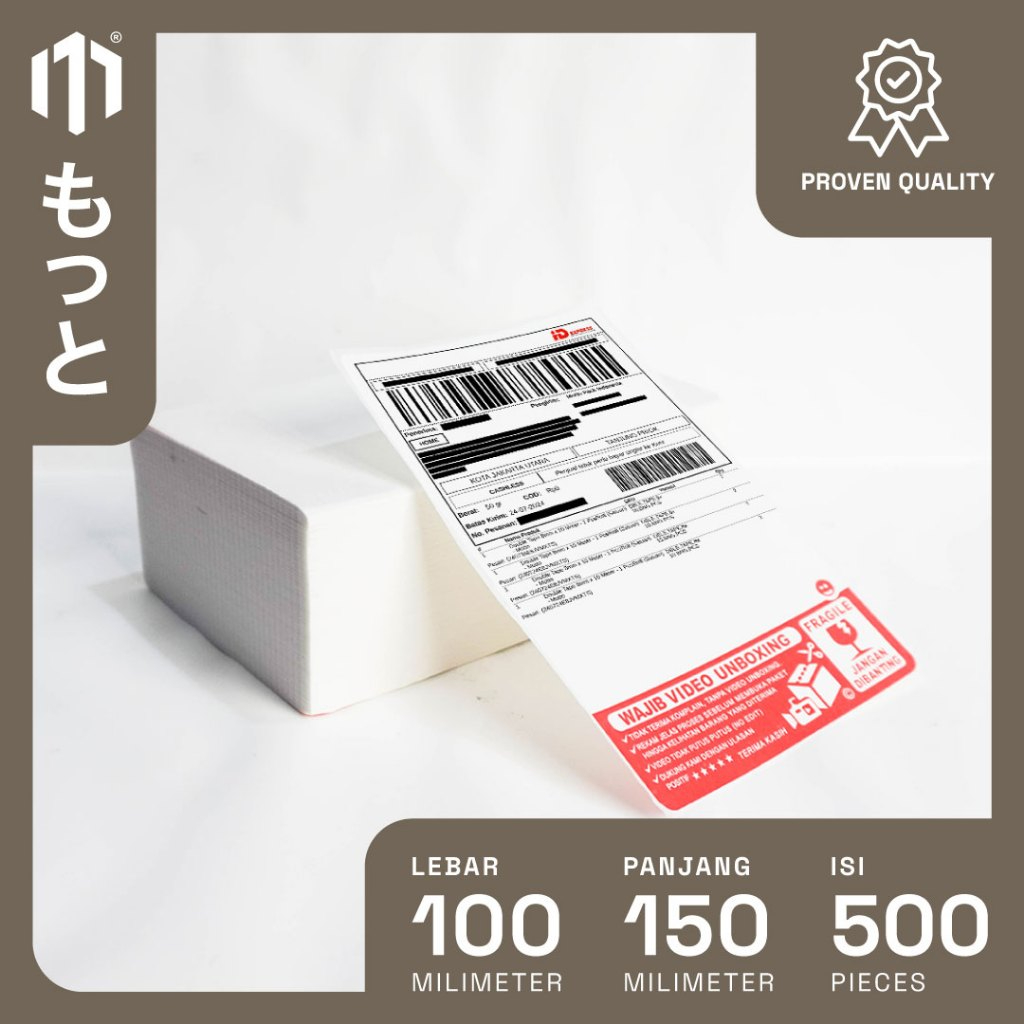 

Kertas Label / Sticker Thermal / Resi Barcode Wajib Unboxing Fragile - Ukuran 100mm x 150mm - Kemasan Lipat 1 Pack Isi 500 Pcs - Motto