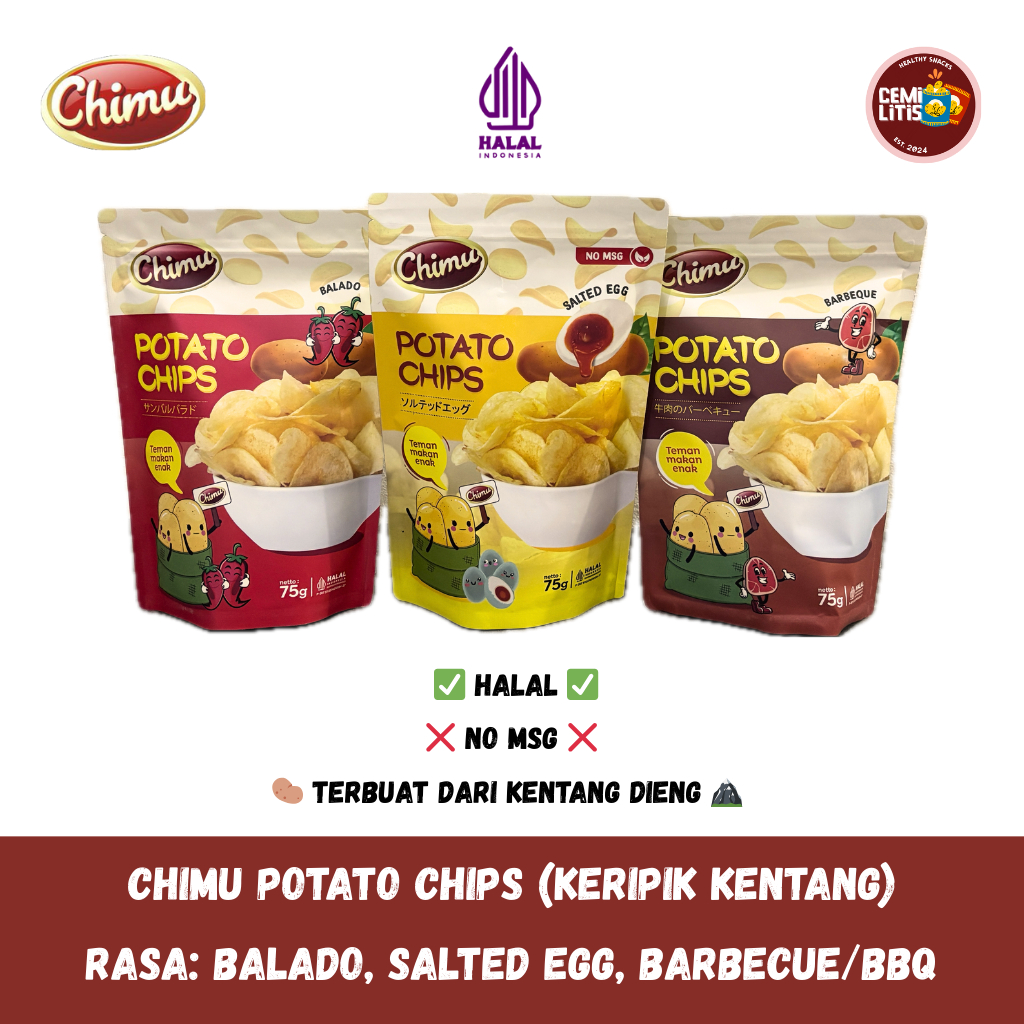 

CHIMU Keripik Kentang Dieng NO MSG (75 gram) - Rasa Balado, Salted Egg, Barbecue BBQ - Snack Cemilan Enak Murah