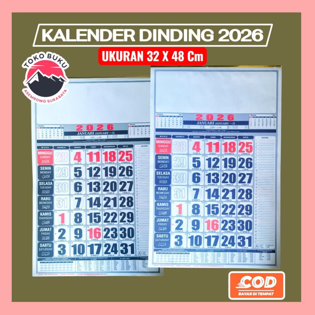 

Kalender Dinding 2026 ukuran 32 X 48 Cm