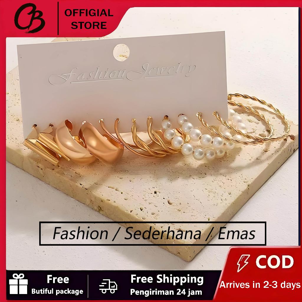 6 Set Anting-Anting Lingkaran Persegi Emas dan Perak Elegan Anting-Anting Mutiara Bentuk Hati Wanita