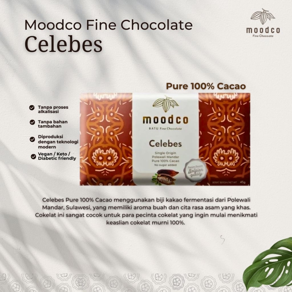 

Moodco | Pure Dark Chocolate 100% Celebes | Cokelat Diabetix | Fine Chocolate | Cokelat Sehat