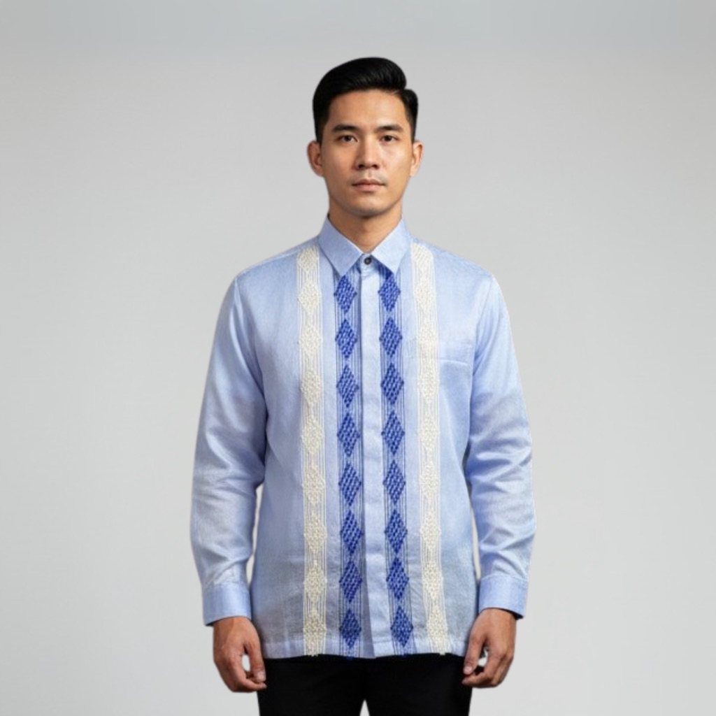WOVNARA Tenun Premium Ambara - Kemeja Songket Tenun Baron dan Bulu Pria Lengan Panjang warna Sky Blu