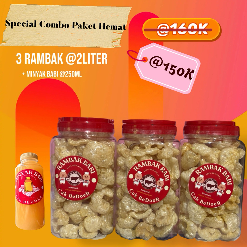 

COMBO PAKET HEMAT RAMBAK BABI KRISPI 3 PACK @2LITER + MINYAK BABI / RAMBAK BABI CAK BEDOER