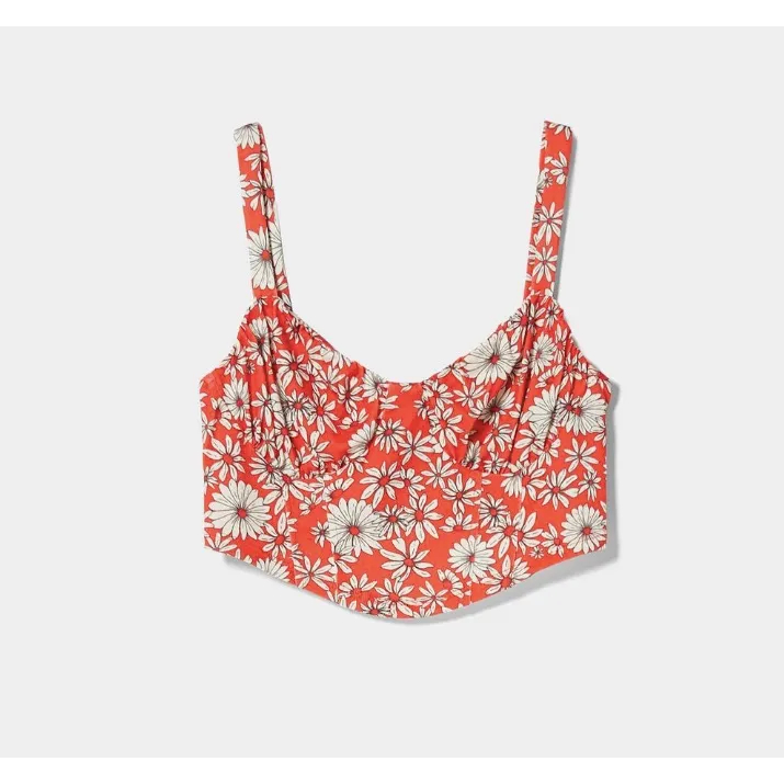 BERSHKA RED FLORAL CROP TOP