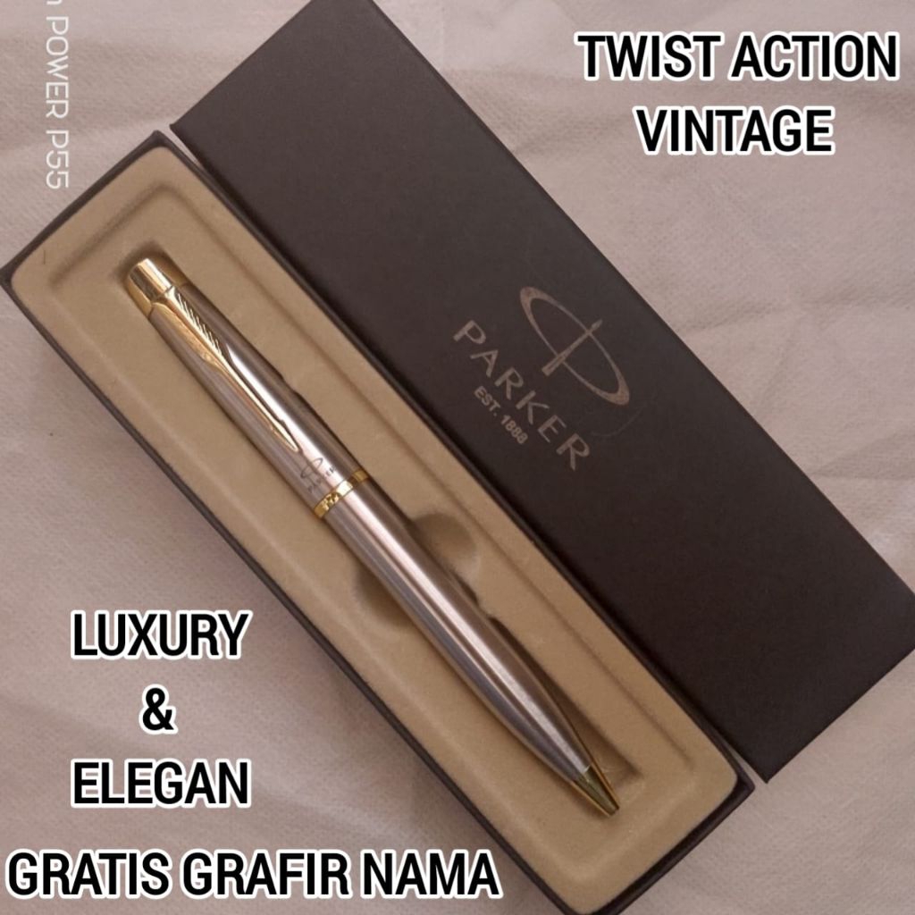 

Ballpoint Mewah Twist Action Silver Clip Gold Parker Gratis Grafir Nama Dan Box Exlusive
