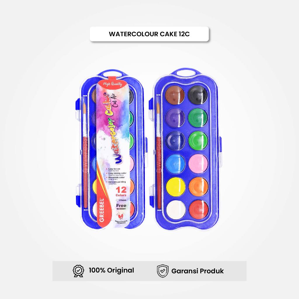 

GREEBEL Cat Air Padat 12 Warna / Watercolor Cake Set Isi 12 Warna Gratis Kuas / Timur Agung Grosir