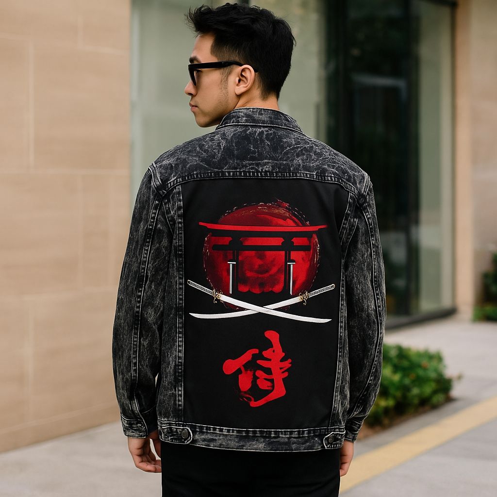Jaket Denim Pria Premium Samurai Jepang Katana Streetwear Fashion Keren