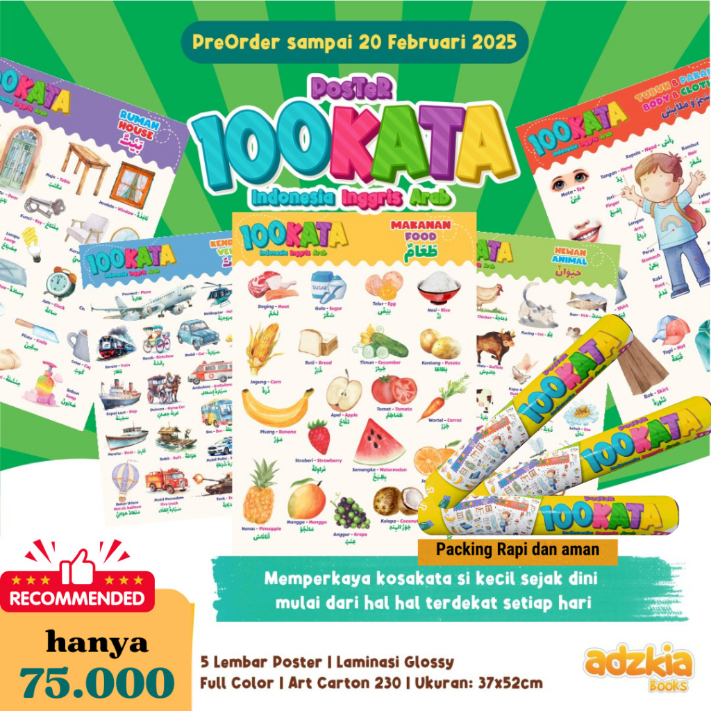 Foto POSTER 100 Kata Pertamaku 3 Bahasa ISI 5 Poster Kendaraan Hewan Makanan Rumah Tubuh & Pakaian ADZKIA