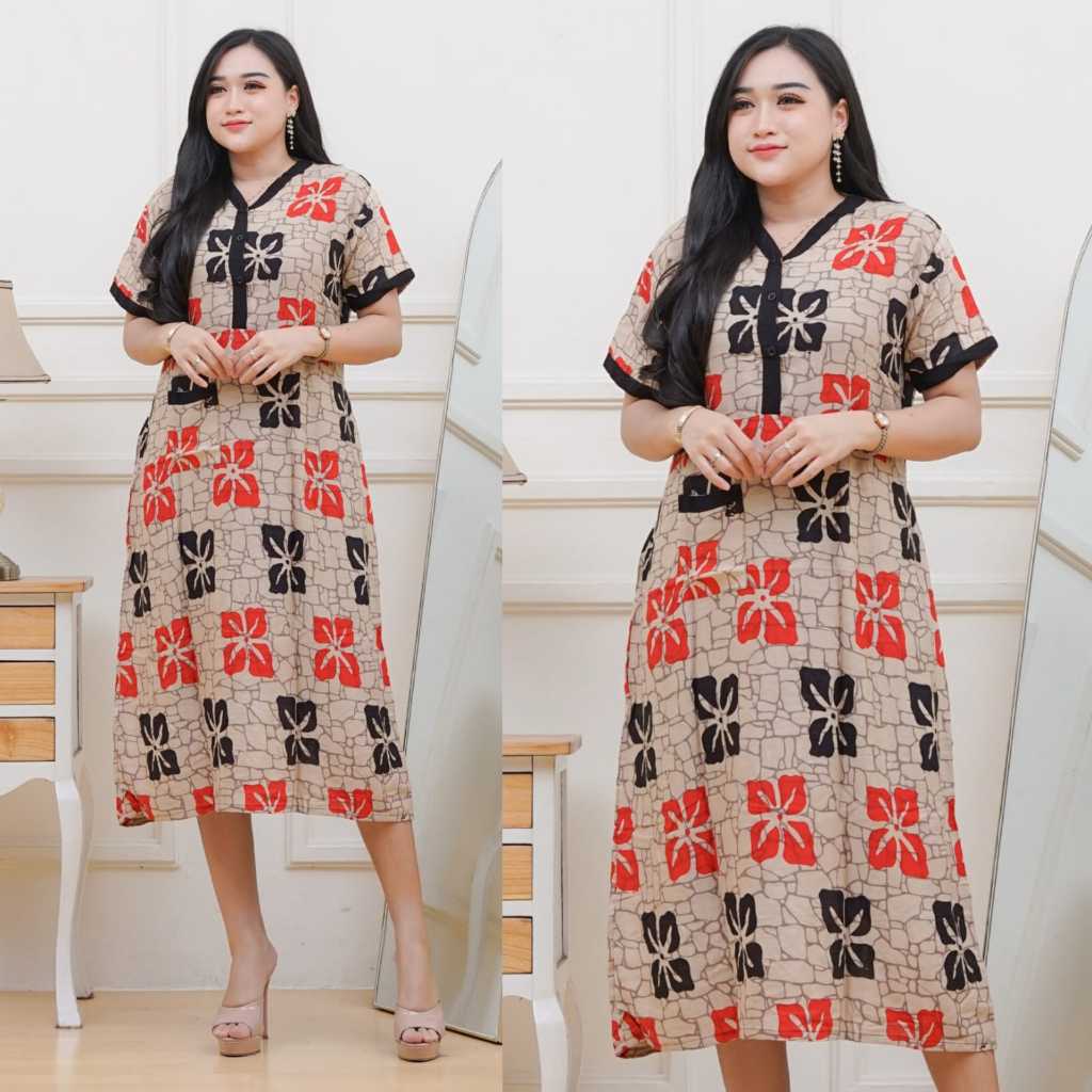 Daster Jumbo Rayon Motif Bunga Kotak Elegan Adem Nyaman Dipakai