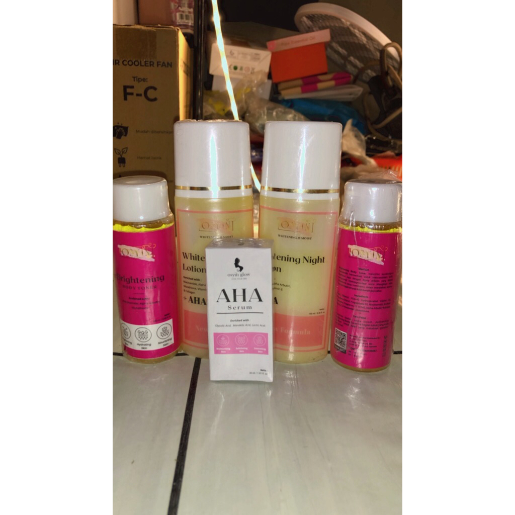 Osyin glow, toner aha serum pemutih, body lotion whitening