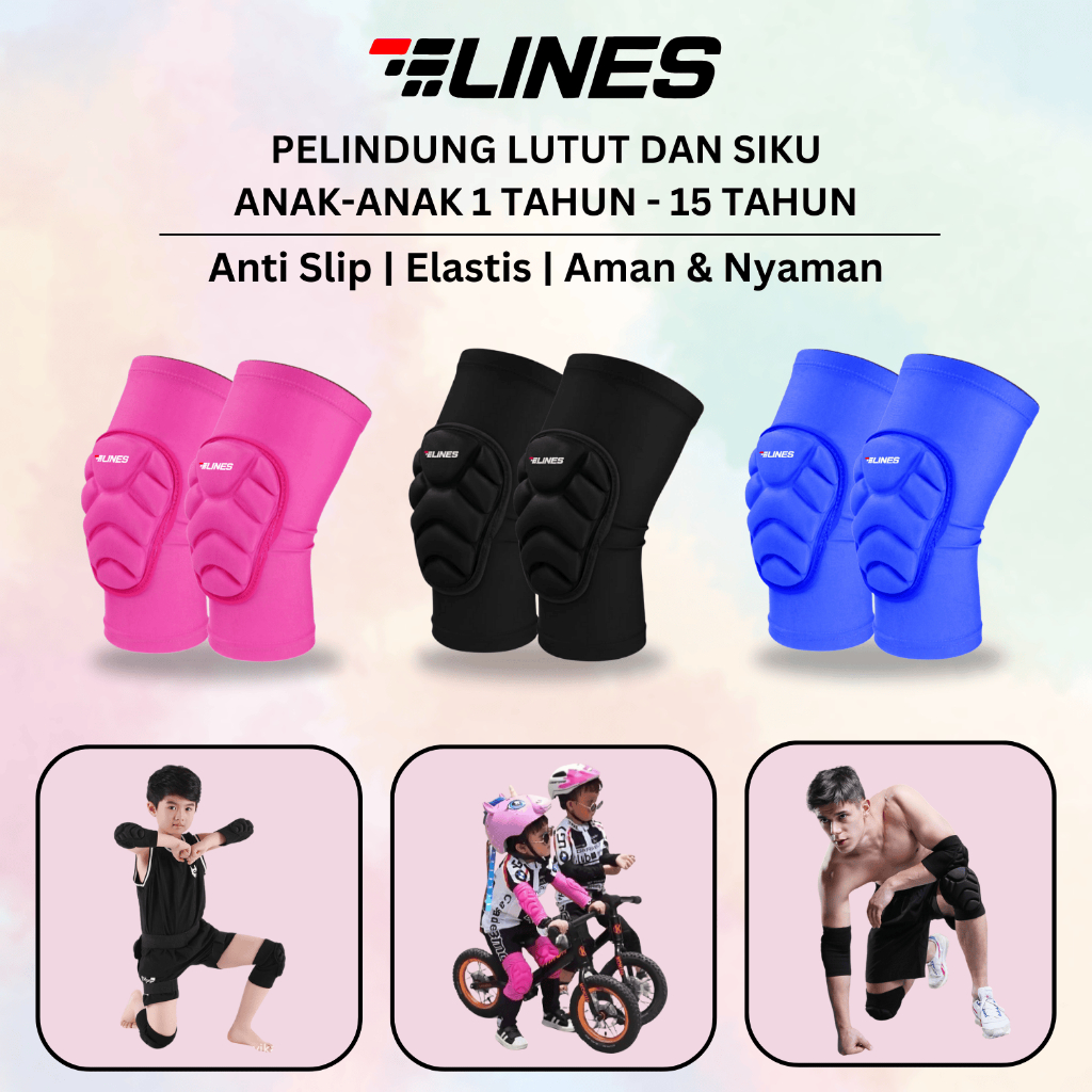 Deker LINES Lutut dan Siku Anti Slip - Pelindung Lutut Anak Warna Pink & Hitam Bahan kain  | Nyaman 