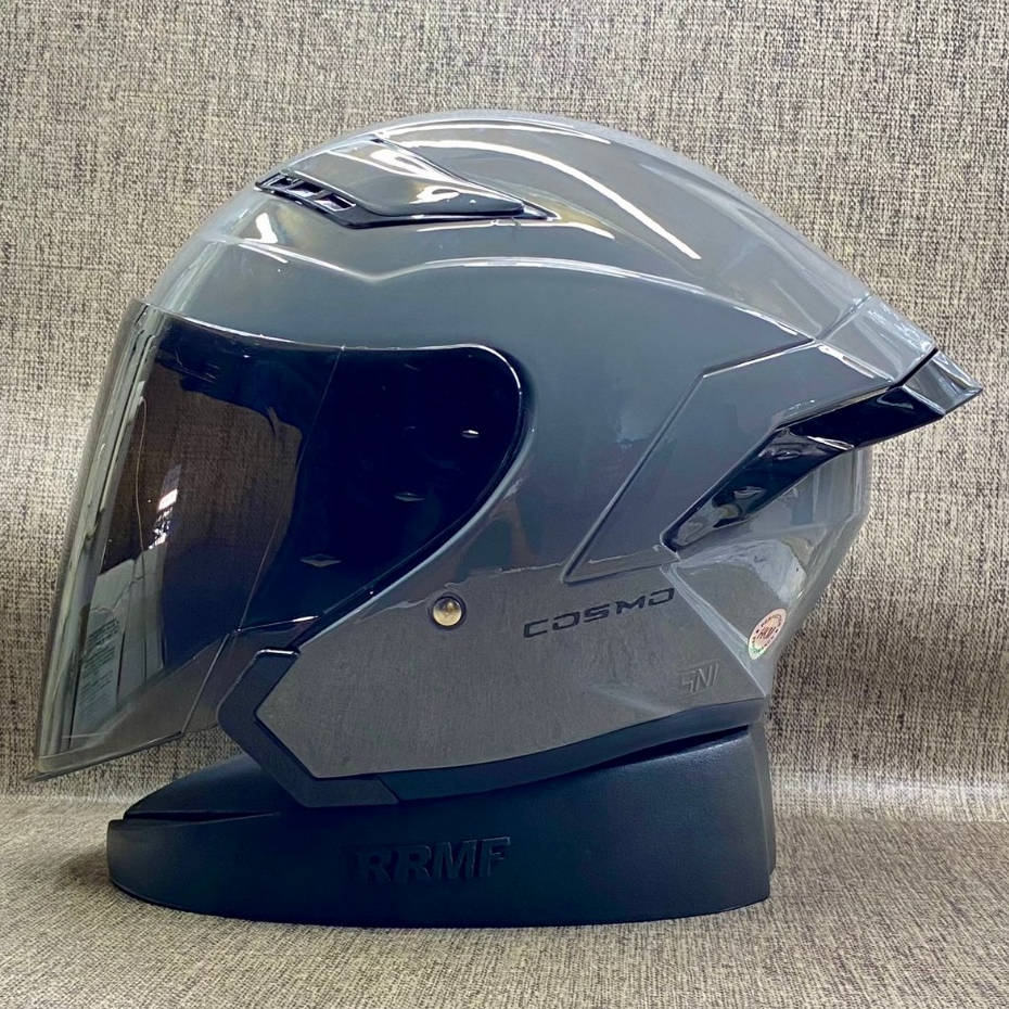 HELM HALF FACE HKM COSMO MODEL BARU V2 SOLID ORIGINAL SNI KACA FLAT SMOKE FREE SPOILER / HELM HALF F