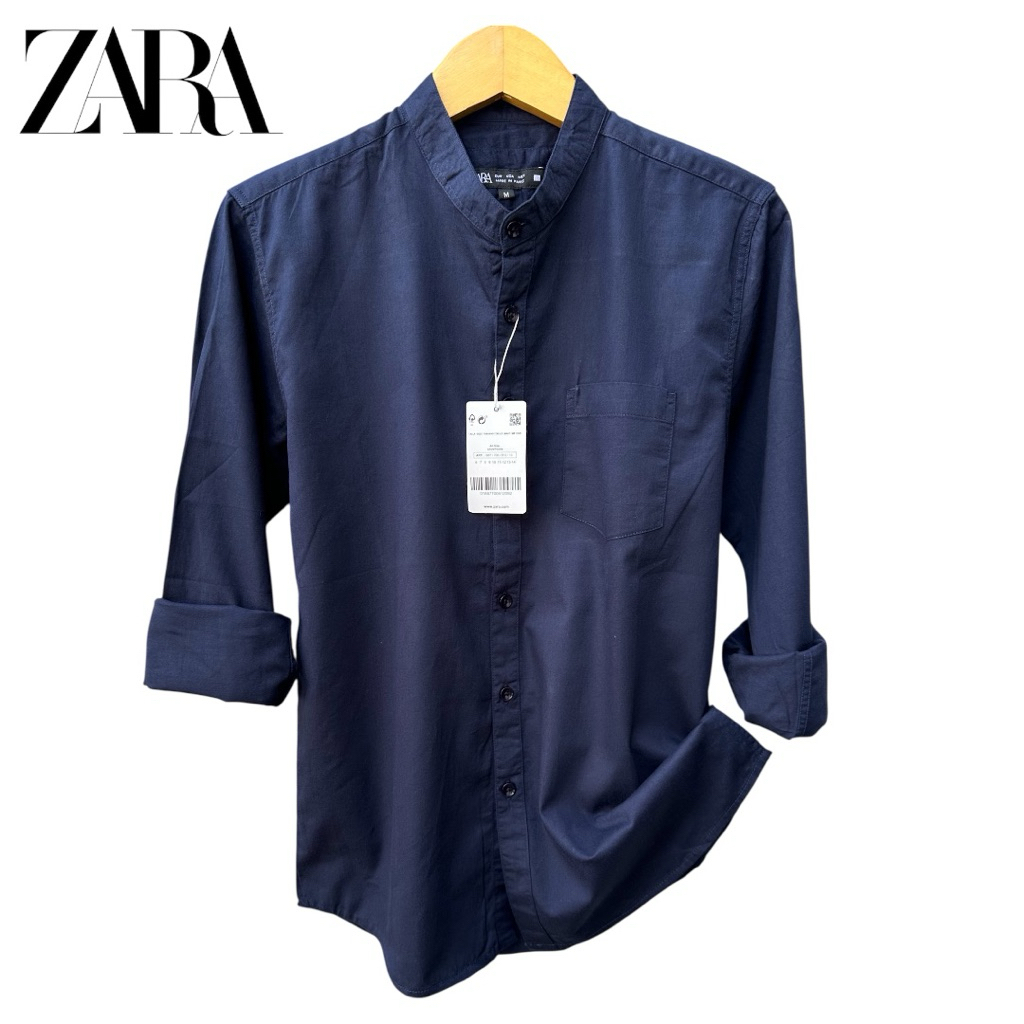 Kemeja Zara Pria Kerah Sanghai Lengan Panjang Slim Fit