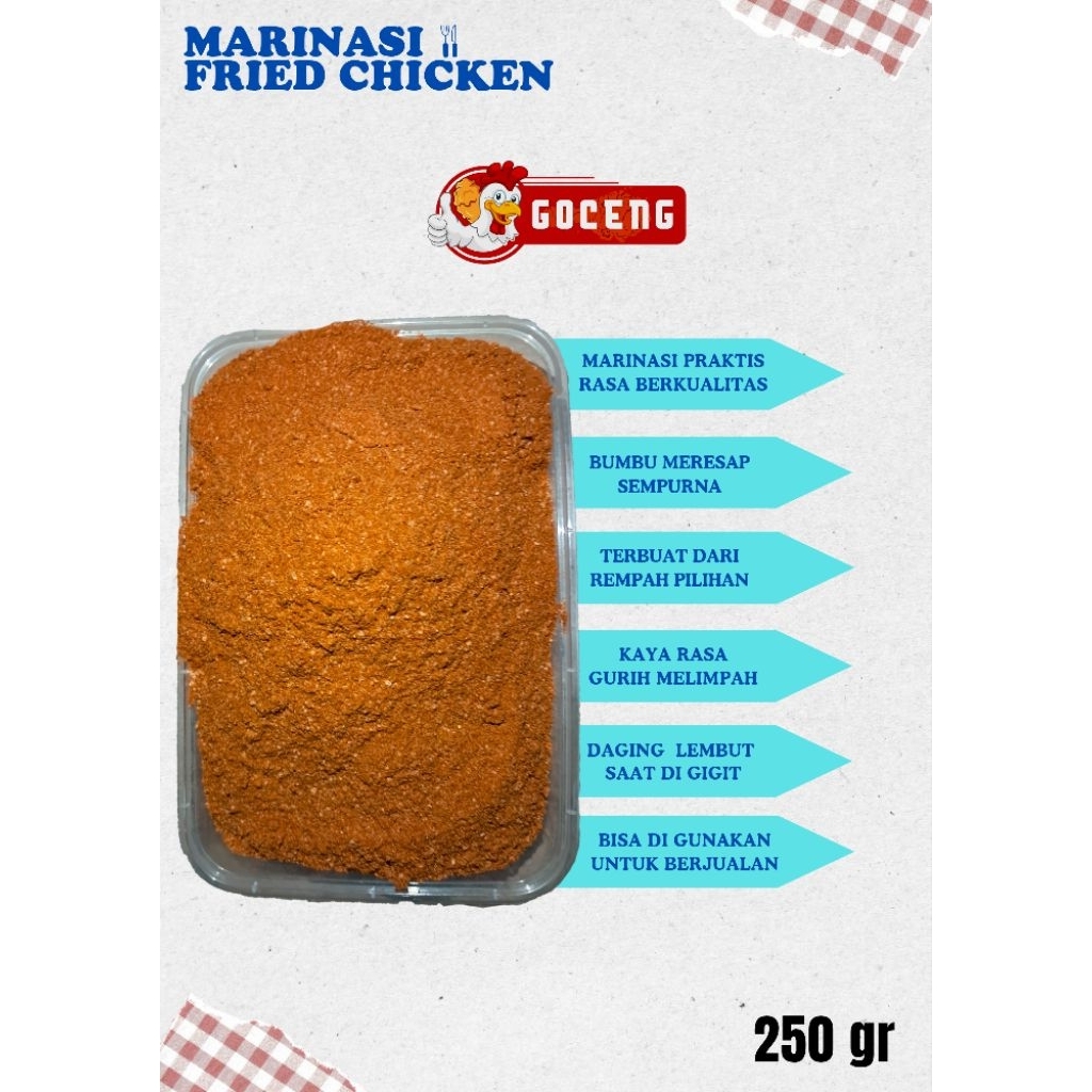 

Marinasi ayam fried chicken premium, berkualitas kemasa ukuran 250 gr, bisa untuk 12-13 kg ayam