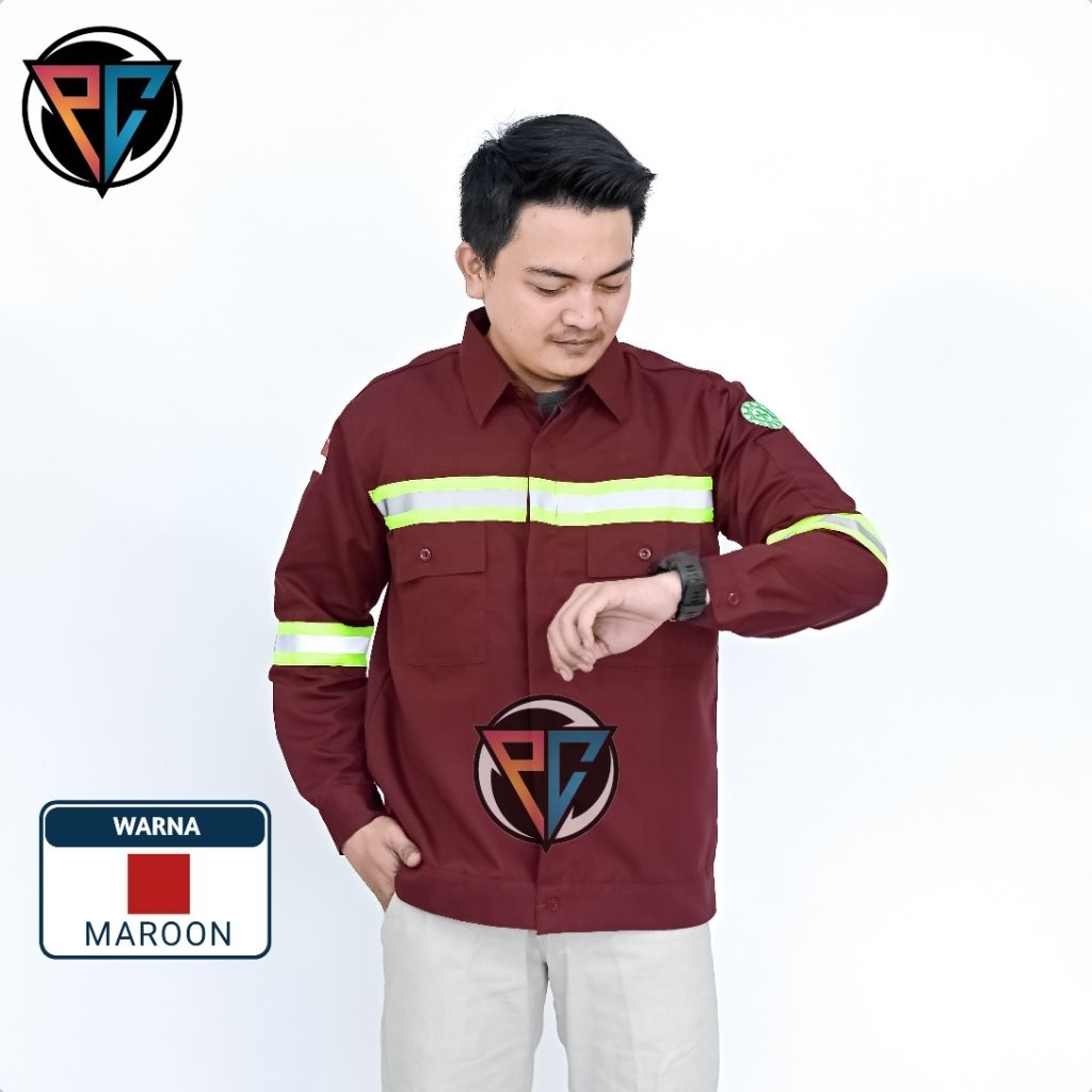 PC- Kemeja safety warna merah maroon lengan panjang baju safety lengan panjang wearpack safety lenga
