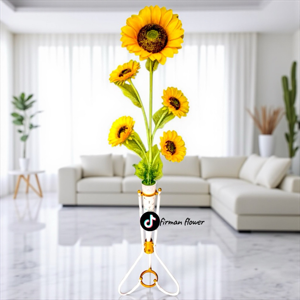 [COD] BUNGA HIAS MATAHARI 5.KUNTUM SATU SET DENGAN VAS/POT SUDUT RUANGAN