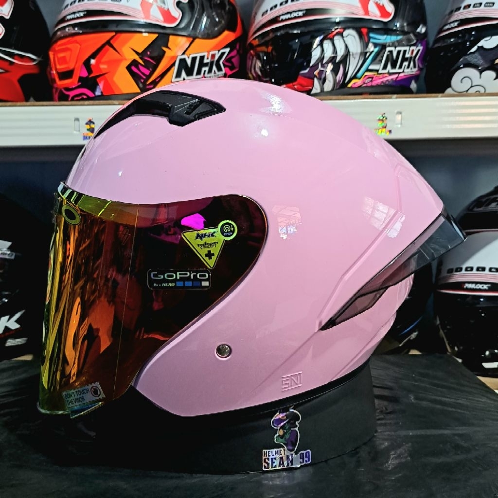 HELM GM G2 SOLID PINK PASTEL VISOR LIGHT SMOKE HALF FACE ORIGINAL SNI