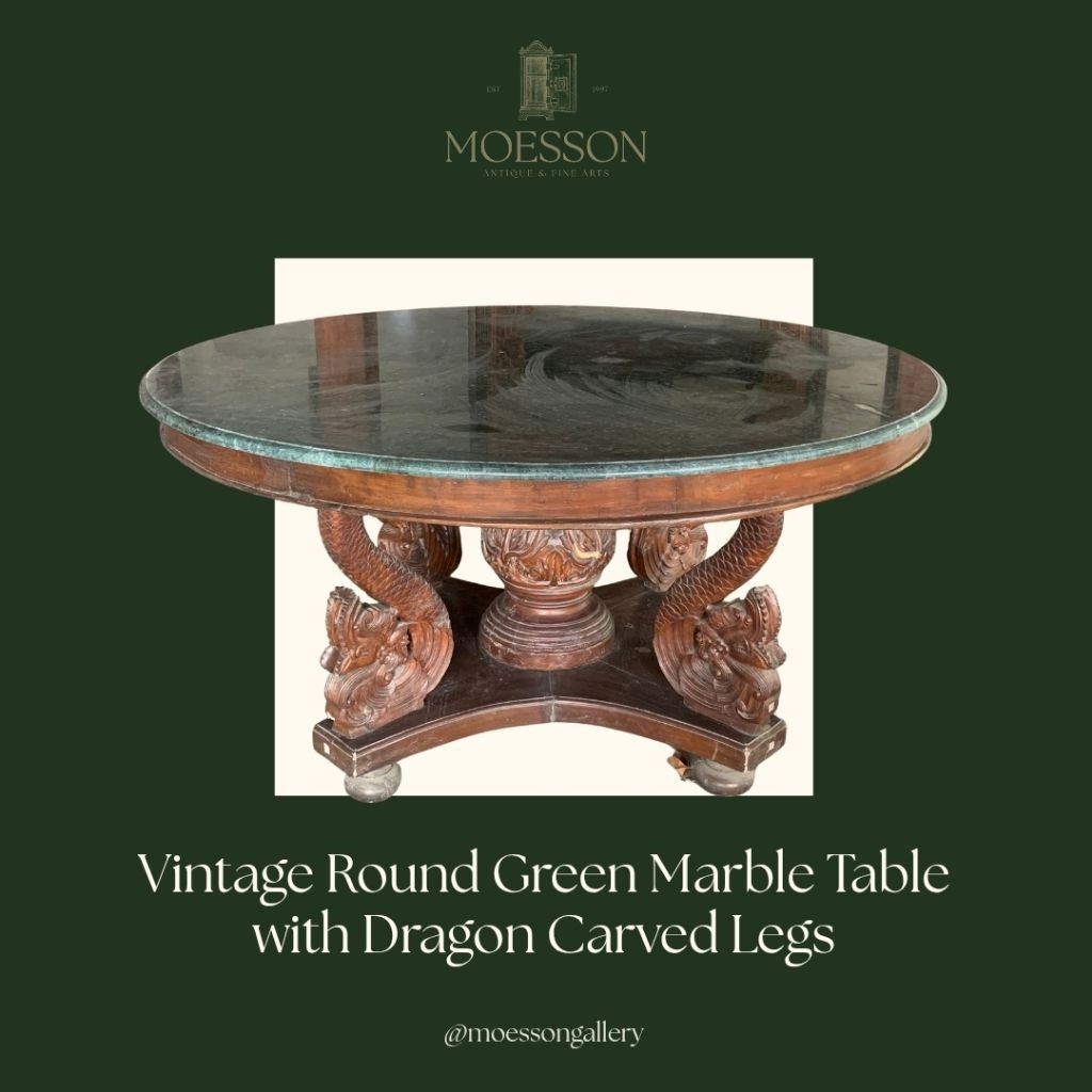 Meja Marmer Hijau Bulat Kayu Jati Dia 151 cm dengan Kaki Ukir Naga Lawas Jadul Tua